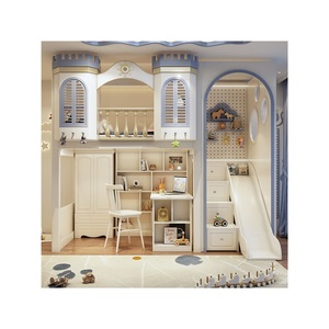 <span class=keywords><strong>Lit</strong></span> mezzanine en bois massif confortable pour enfant JS Blue Castle, pour fille, avec bureau et bibliothèque pour l'étude et <span class=keywords><strong>le</strong></span> sommeil, meubles de chambre pour filles - Product Image 2