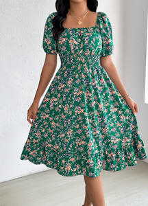 Collection Printemps/Été Robe mi-<span class=keywords><strong>longue</strong></span> trapèze à imprimé floral, col <span class=keywords><strong>carré</strong></span>, taille nouée, manches courtes et ourlet à volants, coupe pour la vie quotidienne - Product Image 4