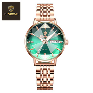 Binbond Women's Quartz Watch Rose Gold Green Dial Diamond Analog Date Display Stainless Steel <b>Bracelet</b> 10mm Thickness - Product Image 5