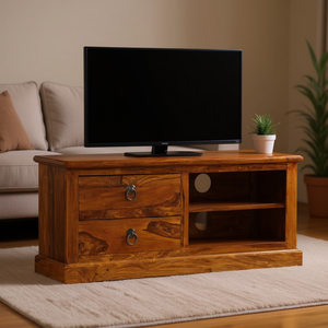 Meuble TV en bois d'acacia massif, finition naturelle, design rustique durable, meubles de salon - Product Image 2