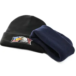 Winter Warme Effen Kleur Sport Beanie Custom Logo Amerikaanse Vlag Zeearend Geborduurde Zacht Gebreide Manchet Beanie Toques Unisex