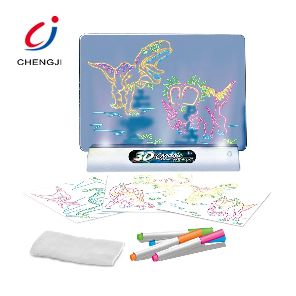 Educational kids magic 3d led dinosaur drawing board LED DIY 3d magic drawing pad luminous drawing board toy