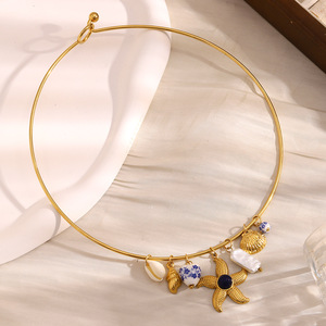 Chaîne à maillons plaquée or 18K Collier ras du cou Pendentif étoile de mer Hypoallergénique en acier inoxydable Perle d'imitation Cadeau pour femme N90 - Product Image 3