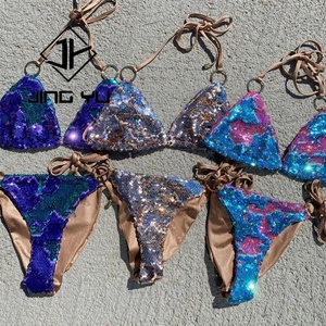 Manufacturer Design Luxury Swimwear Set Sustainable Polyester <b>Bikini</b> Custom <b>Sequin</b> Satin Shiny Swimwear - Product Image 1