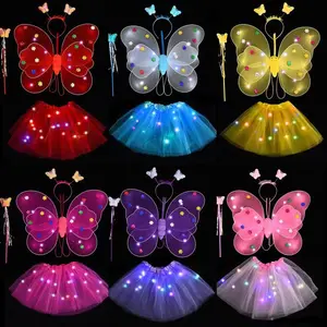 Giocattoli per bambini con ali di farfalla con fiore d'angelo luci a LED per ragazze di Halloween vestono gonna da principessa Set di copricapi con bacchetta magica