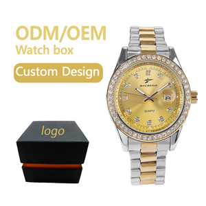 Montres pour hommes RICECGO ODM OEM <span class=keywords><strong>pas</strong></span> chères en gros, avec <span class=keywords><strong>lunette</strong></span> sertie de diamants, cadran doré, date, montre-bracelet de style business avec boîte cadeau personnalisée - Product Image 1