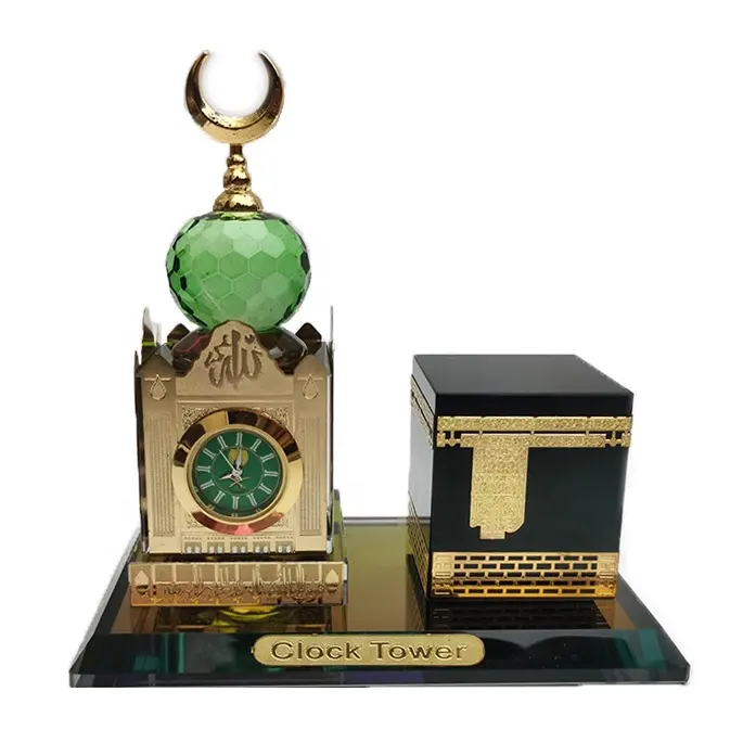 Torre dell'orologio della Mecca in cristallo K9 in lamina d'oro artigianale con Kaaba per gli ospiti dei regali di nozze musulmani del medio oriente