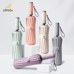 Automatic Compact Umbrellas With Led Light Flashlight Handle Reflective Safety Tape For Men Women