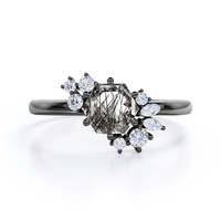 Belle bague de fiançailles en argent sterling 925 avec quartz rutile noir et hexagone