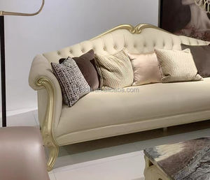 أريكة فرنسية أنيقة لغرفة المعيشة عتيقة منحوتة من الجلد البيج ، أثاث فرنسي كلاسيكي - Product Image 3