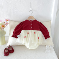 Robe-combinaison pour bébé fille, style princesse, bicolore, automne, nouveau-né, adorable, manches longues, avec broderie cerise et fraise
