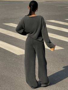 Pantaloni personalizzati da donna <span class=keywords><strong>in</strong></span> puro <span class=keywords><strong>cotone</strong></span> larghi da donna a maniche lunghe con motivo solido tessuto a maglia Casual alla moda - Product Image 4