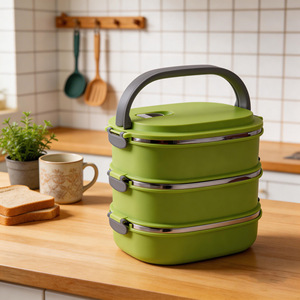 Lonchera de Acero Inoxidable de Triple Capa Verde con Asa, Sellada y Portátil para Estudiantes, Rectangular, Color Sólido - Product Image 1