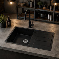 Évier en granit noir anti-rayures de haute qualité, très demandé, à cuve unique, pour salle de bain et cuisine, sans robinetterie ni plateau