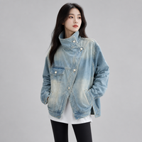 Nouvelle Arrivée Veste Shacket Décontractée Ample à Manches Bouffantes Tricotées et Boutonnées, en Denim Patchwork Effet Vieilli et Blocs de Couleurs Personnalisés