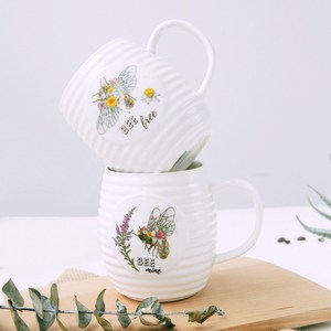Ceramic <b>Mug</b> with <b>Bee</b> and Lavender Design - Pastoral Coffee Milk Breakfast Cup - Product Image 1