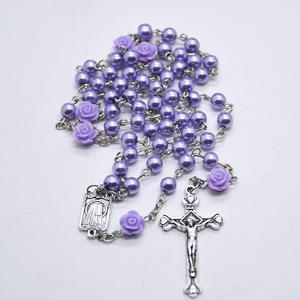 Venta al por mayor 6mm Perla Rosa Rosario collar de cuentas Religión Cristiana Cruz joyería Bautista cuenta Rosa collar de cadena - Product Image 5