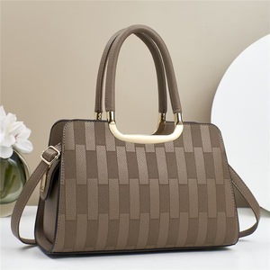 Elegant Women's Microfiber Handbag Geometric Pattern Round Handle Removable Strap Flap Closure Daily Use Brown - Product Image 3