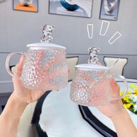 DD4302 Taza de Café de Vidrio con Tapa de Oso, 350 ml, Apta para Lavavajillas y Microondas, Diseño Bonito, Color Personalizado, Unisex, Regreso a Clases, Novedad 2024