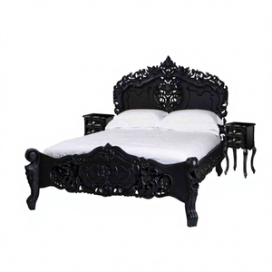 European Design Solid Mahogany Wood <b>Bed</b> Hand Carved Rococo Style for Home Hotel Carving French Bedroom Furniture Black - Product Image 1