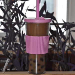 22oz Reusable <b>Boba</b> Cup with Cork Sleeve Cute Pink Plastic <b>Bubble</b> Tea Bottle with Reusable Straw - Product Image 2