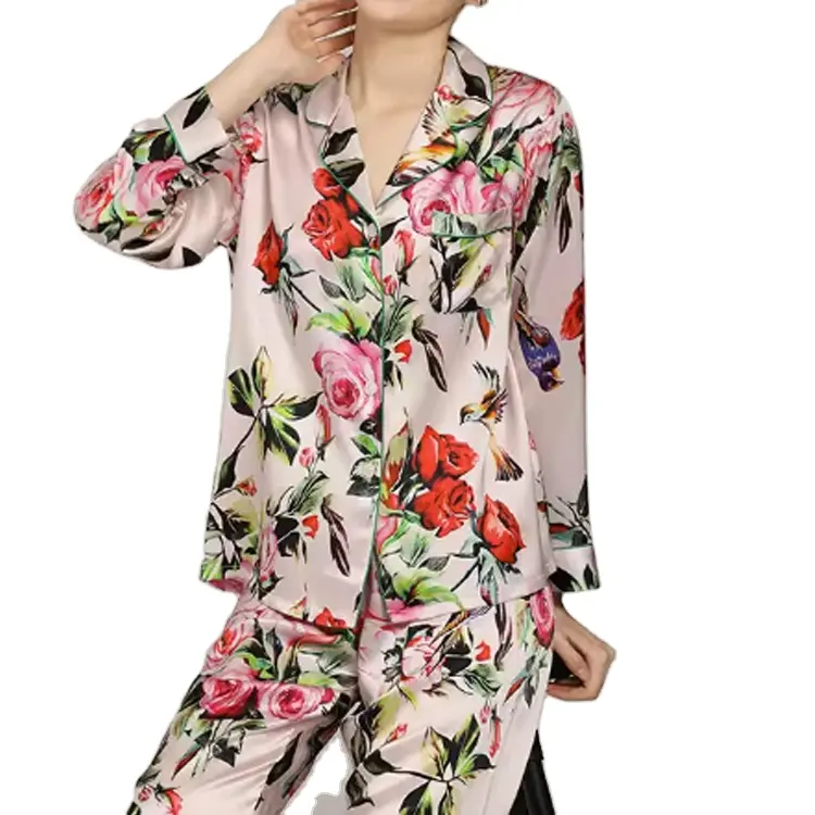 Pijama de seda 100% con estampado floral de 19MM de lujo, ropa de dormir de manga larga para mujer