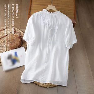 White Cotton Linen Short Sleeve Blouse With Lace Neckline And Embroidery Women's Casual Top - Product Image 2