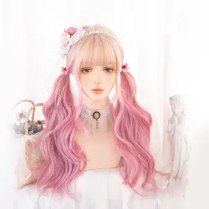 Peluca de Cosplay mixta Rosa rizada de 65cm de largo al por mayor, Peluca de Lolita de pelo resistente al calor para fiesta de Halloween de Anime sintético para niñas