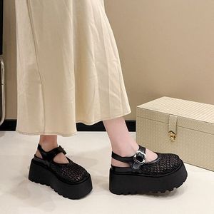 <span class=keywords><strong>Sandales</strong></span> <span class=keywords><strong>compensées</strong></span> en maille tissée pour femmes, style Mary Jane à bout fermé, avec boucle réglable – Vente en gros - Product Image 4
