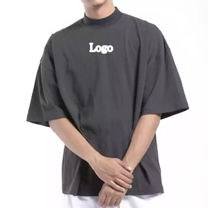 Oversized <b>Turtleneck</b> T-Shirt <b>Men's</b> Short Sleeve 100% Cotton Jersey Print Front Letter Pattern Casual Streetwear Fit - Product Image 1