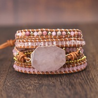 Bracelet en pierre naturelle à 5 tours, fait main, style bohème, en quartz rose, pour femme, idéal pour le dropshipping