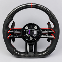 Volant en fibre de carbone pour Mercedes W206 W223, cuir perforé noir, marqueur supérieur rouge, garniture de bouton rouge, palettes de changement de vitesse étendues