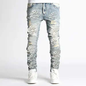 Jeans décontractés pour hommes DIZNEW, taille plus, coupe régulière, jeans de haute qualité pour hommes, lavage à l'eau, déchirés, imprimés - Product Image 1