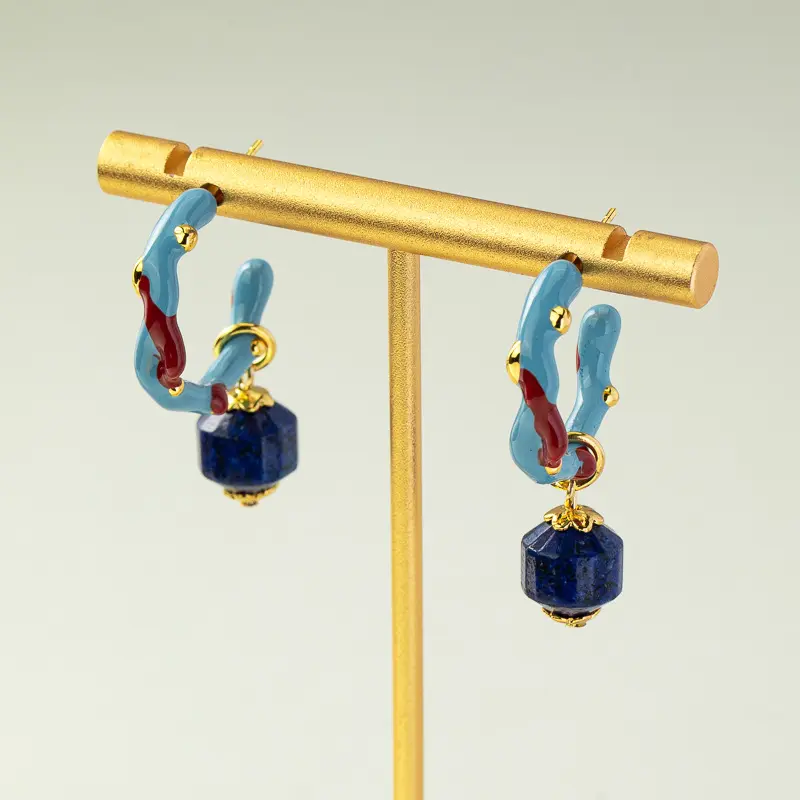 Boucles d'oreilles de luxe léger en laiton Lapis Lazuli naturel corail contrasté vintage français
