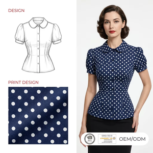 Blusa con Lazo en el Cuello y Estampado Digital Personalizado OEM, con Efecto de Fruncido en el Busto y Cintura Estructurada, Estilo Vintage Retro para Mujer - Product Image 3