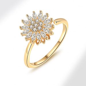Anillo Giratorio Antiestrés de Cobre con Diseño de Girasol Brillante para Mujer, Joyería Ajustable - Product Image 1