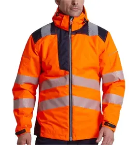 Özelleştirilmiş yüksek görünürlük iş giysisi üniforma Hi Vis su geçirmez iş Mens 300D Oxford PU kaplı dayanıklı emniyet yansıtıcılı ceket