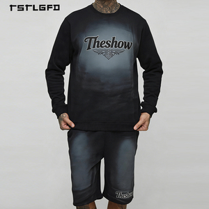 Ensemble court en coton lavé pour logo personnalisé, coupe oversize, motif imprimé lettres, pour marque streetwear, ensemble col rond - Product Image 4