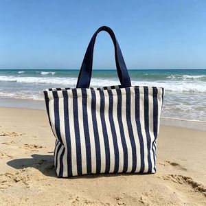 Wholesale Striped Canvas Tote <b>Large</b> Capacity Shoulder Shopping <b>Bag</b> Handbag With Custom Logo - Product Image 1