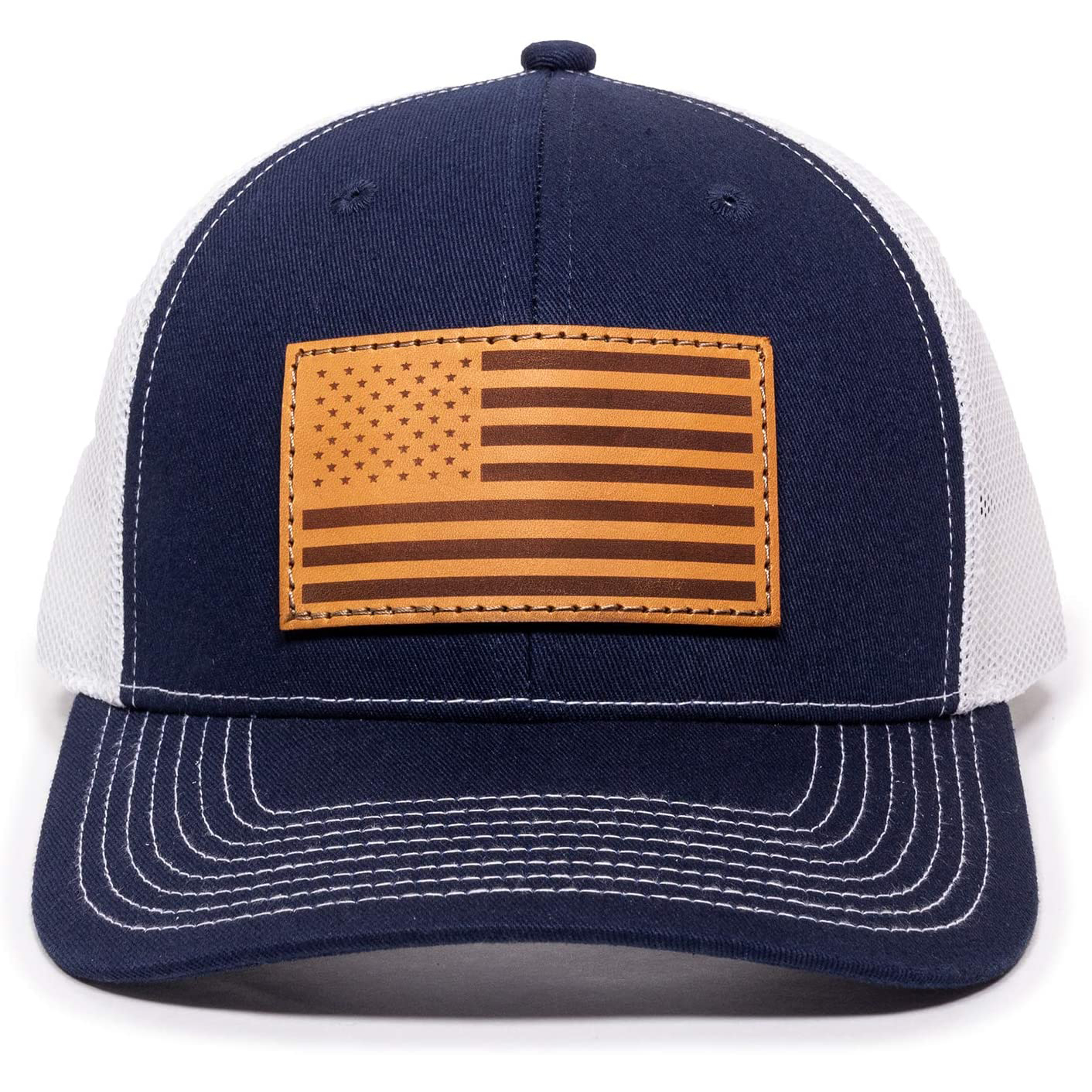 Оптовая продажа, высокое качество, 6 панелей, флаг, хлопковая сетчатая шапка, кожаные нашивки с тиснением, индивидуальный логотип, Кепка-тракер