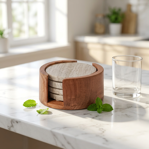 Ensemble de dessous-de-verre en marbre naturel avec support en bois, dessous-de-verre résistants à la chaleur durables pour la décoration de table à la maison ou au bureau - Product Image 1