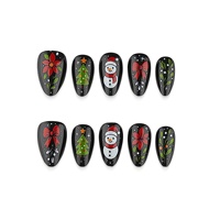 Faux ongles rétro de Noël à pression avec motifs bonhomme de neige, nœud, sapin de Noël et fleurs rouges - Matériau ABS, forme amande - Vente en gros