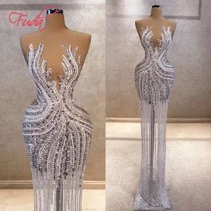FUDA C270 Luxury New High End Women's With Diamond Bandage Dress Party White Long Maxi Rhinestone Evening Dress