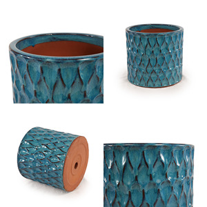 Pot de fleurs en céramique émaillée écologique et durable avec trou de drainage, bleu sarcelle, texture gaufrée en écailles de poisson, pour jardin intérieur - Product Image 6