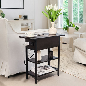 OEM & ODM Wooden Bedside Table with Storage <b>Shelves</b> <b>Narrow</b> Nightstand & Charging Station USB Ports Outlets Bedroom Furniture - Product Image 2