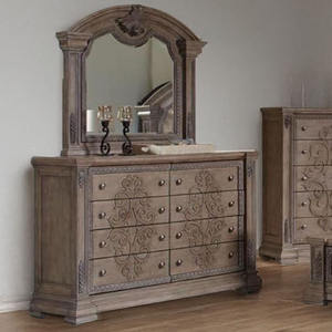 Rustic Gray Wood <b>Dresser</b> with <b>Mirror</b> - Carved Scrollwork Bedroom <b>Dresser</b>, Farmhouse Traditional Storage Furniture - Product Image 1