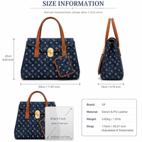 Sac à main structuré en jean lisse pour femme avec garniture en cuir, fermeture éclair, pochette amovible, ensemble de sacs à main deux pièces doux et imperméables
