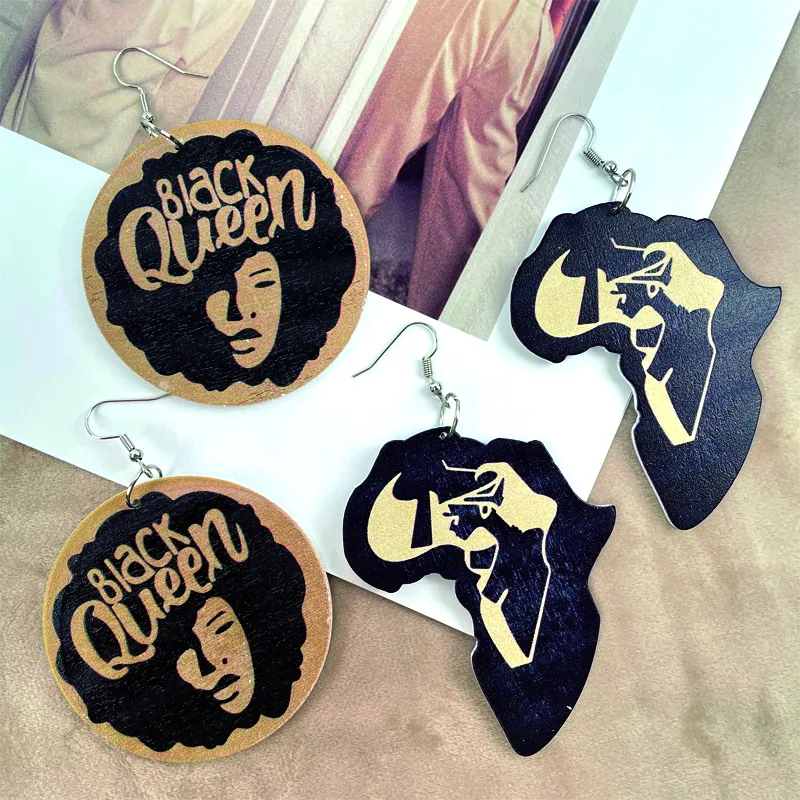 RisingMoon New Arrival Ethnic Jewelry Black African Map Earrings Round Afro Woman Queen Painted Wood Earring