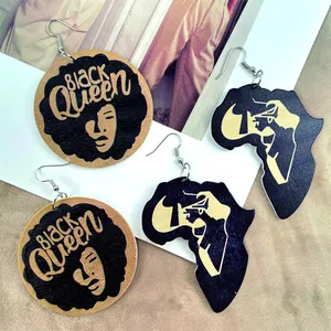 RisingMoon New Arrival Ethnic Jewelry Black African Map Earrings Round Afro Woman Queen Painted Wood Earring