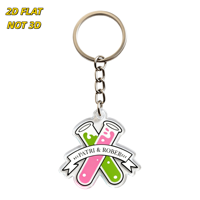 Porte-clés flacon de laboratoire Patri & Rober rose et vert avec bannière, breloque en acrylique transparent, anneau et chaîne métalliques, pour sacs à dos